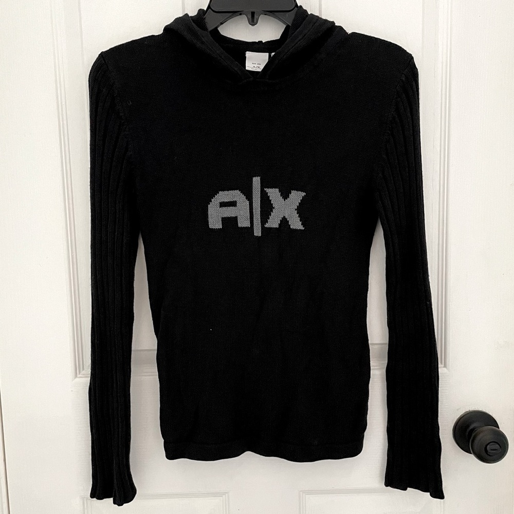 Armani Exchange A|X Black Logo Soft Knit Hooded Wide Ribbed Sweater Size Small